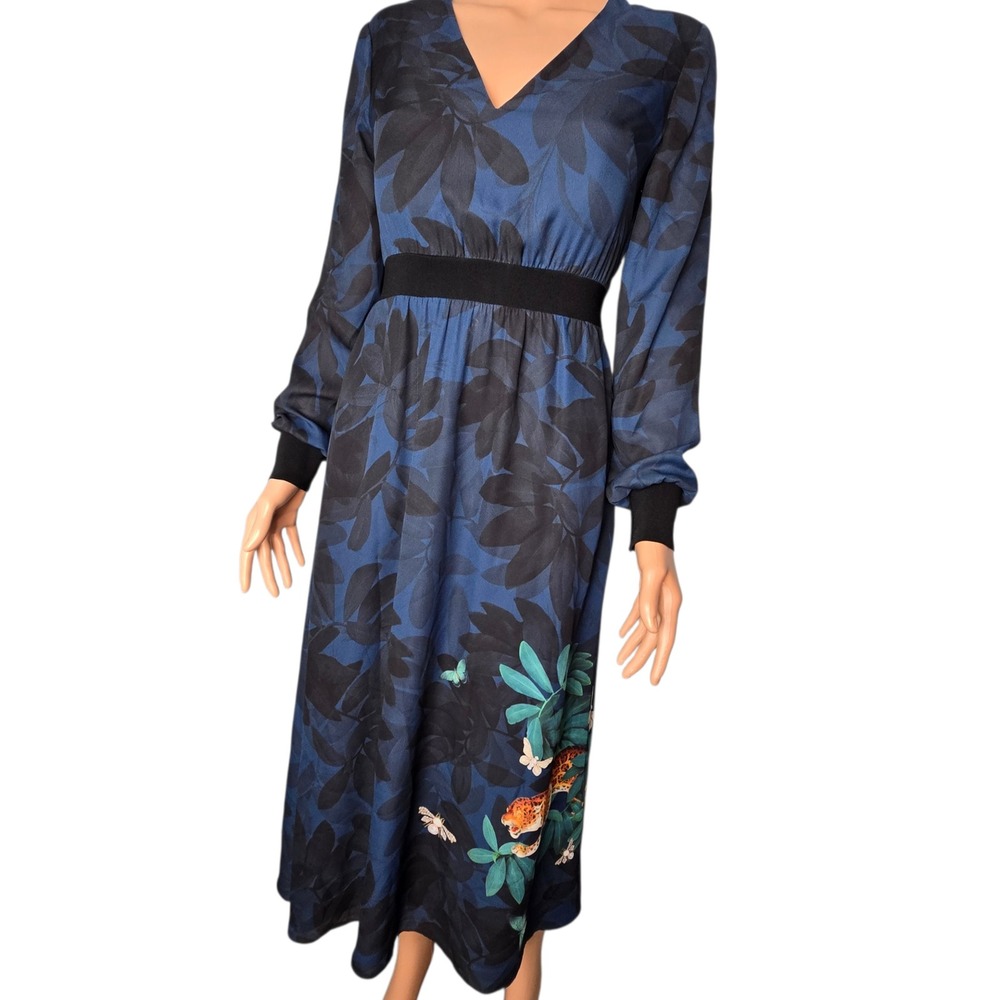 Ted Baker London Emrall Blue Floral Leopard Butterfly Midi Dress V-Neck Size 1